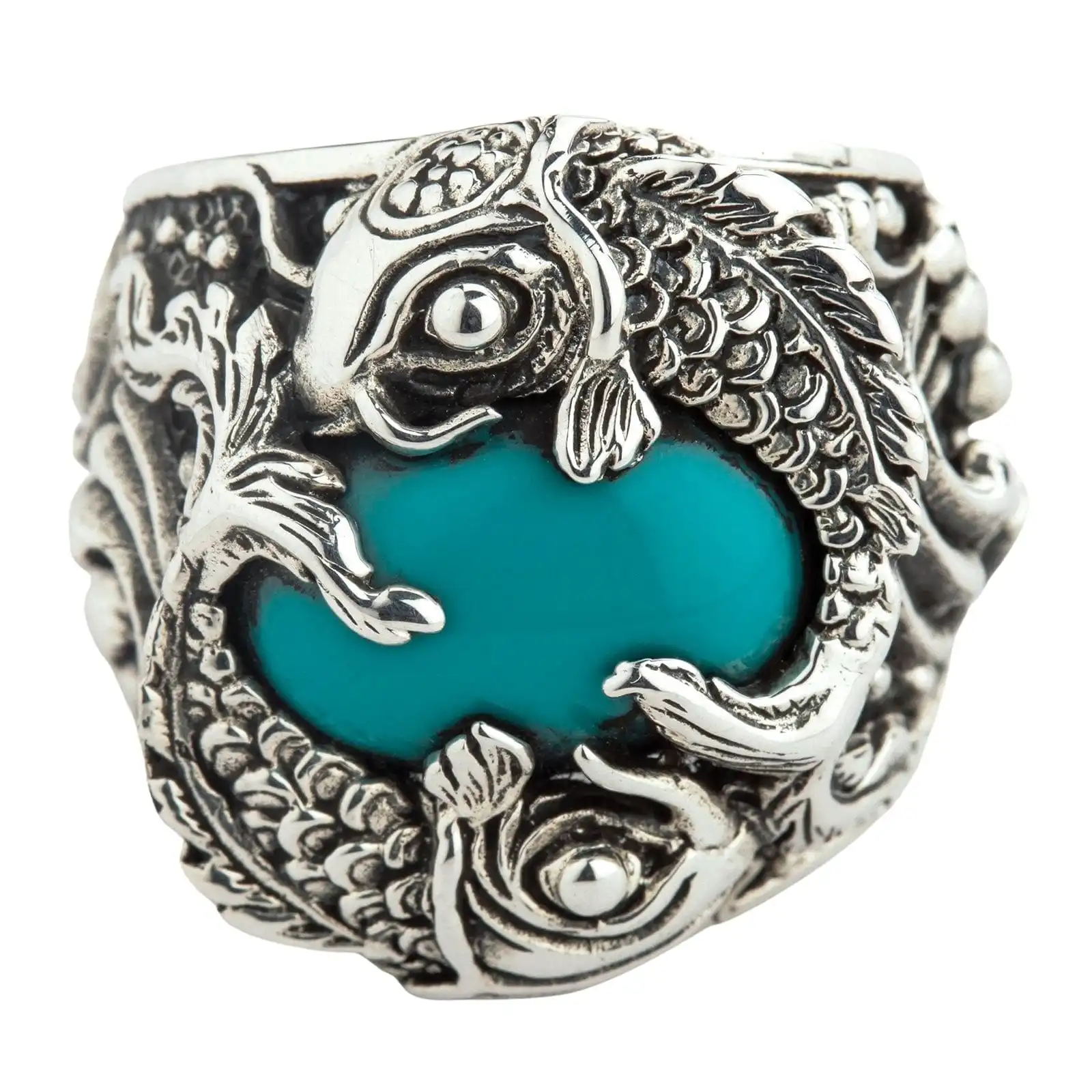 Bikerringshop Sterling Silver Japanese Koi Fish Turquoise Mens Ring 3 Bikerringshop Sterling Silver Japanese Koi Fish Turquoise Mens Ring
