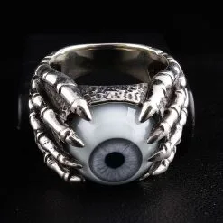 Bikerringshop Sterling Silver Eyeball Claw Gothic Ring -Outlet Rings Store light gray eyeball ring gothic