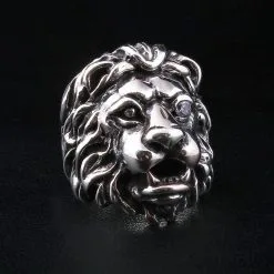 Bikerringshop 925 Sterling Silver Diamond Eye Lion Head Ring -Outlet Rings Store lion head ring 2