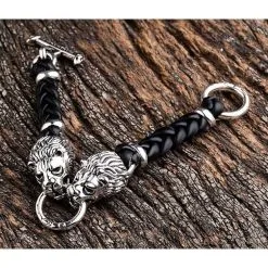 Bikerringshop Lion Silver Mens Leather Bracelet