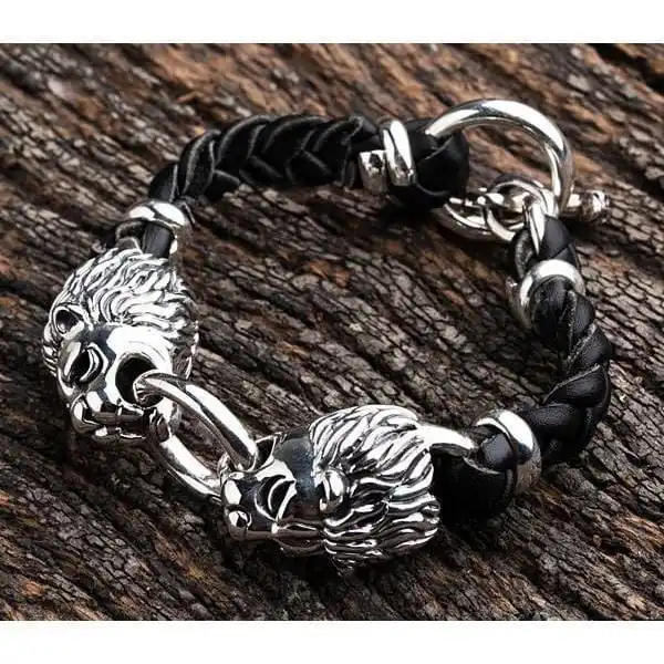 Bikerringshop Lion Silver Mens Leather Bracelet 7 Bikerringshop Lion Silver Mens Leather Bracelet - Image 5