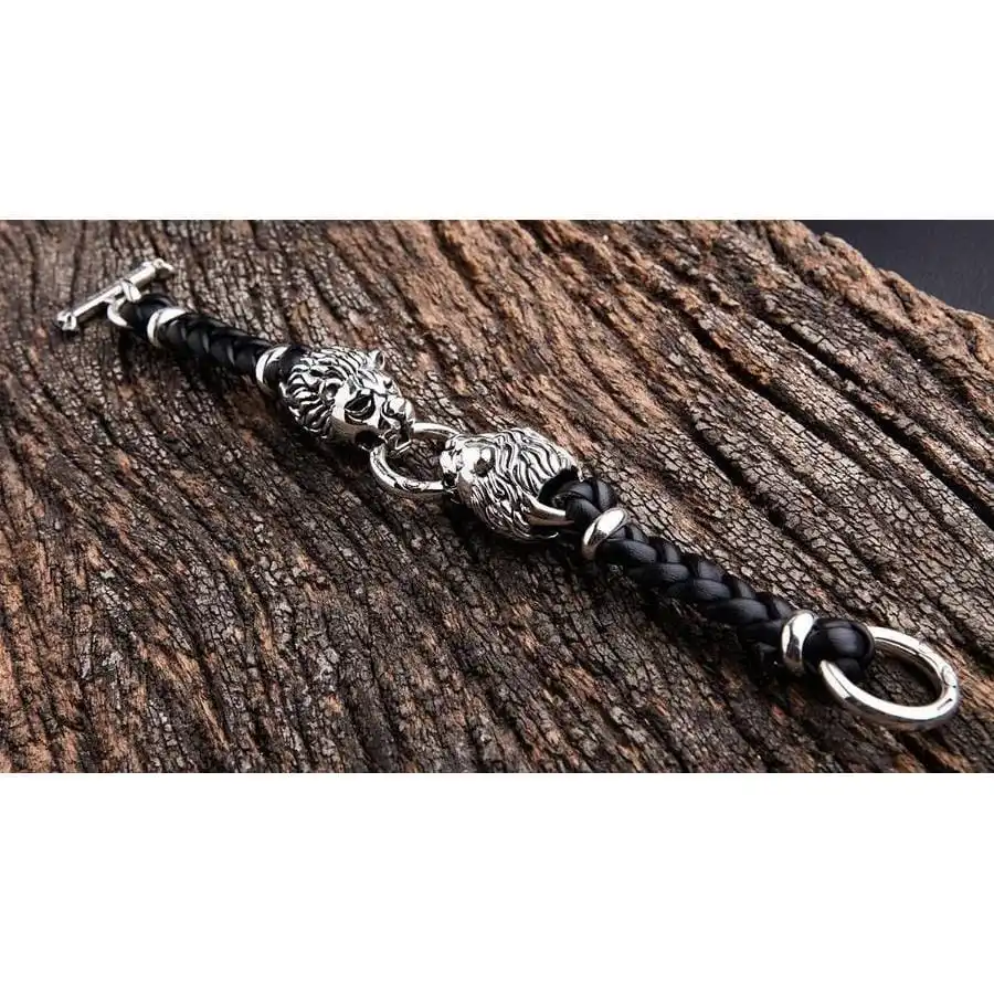 Bikerringshop Lion Silver Mens Leather Bracelet 8 Bikerringshop Lion Silver Mens Leather Bracelet - Image 6