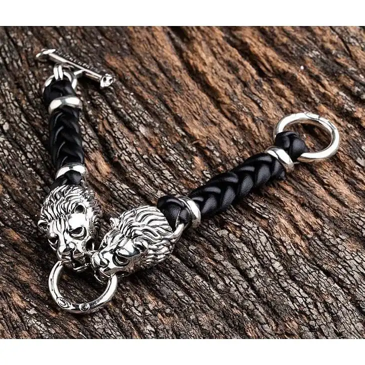 Bikerringshop Lion Silver Mens Leather Bracelet 3 Bikerringshop Lion Silver Mens Leather Bracelet