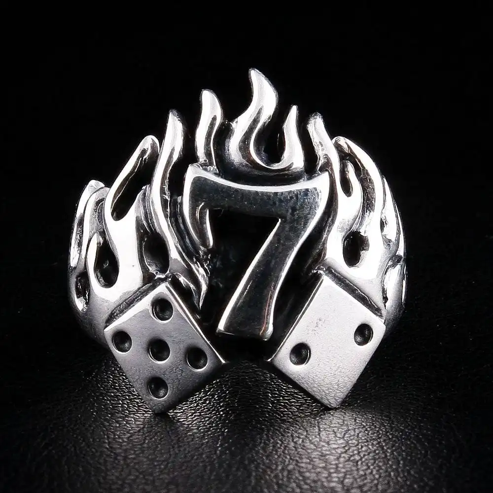 Bikerringshop Sterling Silver Number 7 Dice Flame Biker Ring 4 Bikerringshop Sterling Silver Number 7 Dice Flame Biker Ring - Image 2