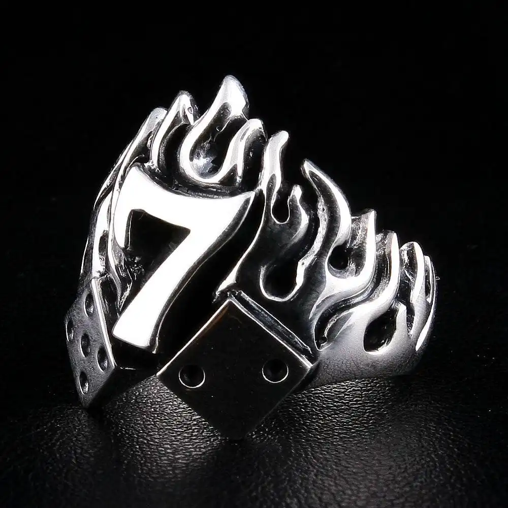 Bikerringshop Sterling Silver Number 7 Dice Flame Biker Ring 5 Bikerringshop Sterling Silver Number 7 Dice Flame Biker Ring - Image 3