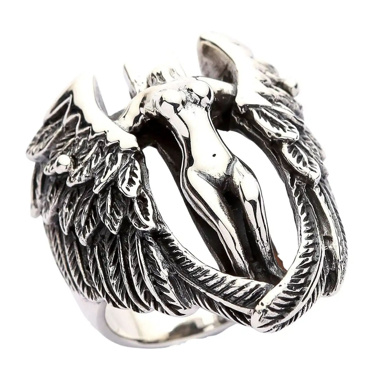 Bikerringshop Sterling Silver Angel Wings Feather Biker Ring 11 Bikerringshop Sterling Silver Angel Wings Feather Biker Ring - Image 9