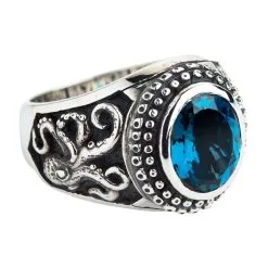 Bikerringshop Sterling Silver Octopus London Blue Topaz Mens Ring