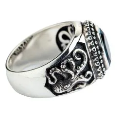 Bikerringshop Sterling Silver Octopus London Blue Topaz Mens Ring -Outlet Rings Store octopus ring for men