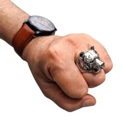 Bikerringshop Sterling Silver Pitbull Dog Biker Rings 14 Bikerringshop Sterling Silver Pitbull Dog Biker Rings -Outlet Rings Store pitbull head ring finger 2