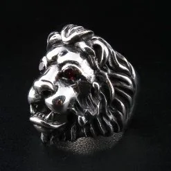 Bikerringshop Red Garnet Eyes Sterling Silver Lion Men's Ring 12 Bikerringshop Red Garnet Eyes Sterling Silver Lion Men's Ring -Outlet Rings Store red eye lion head ring 4
