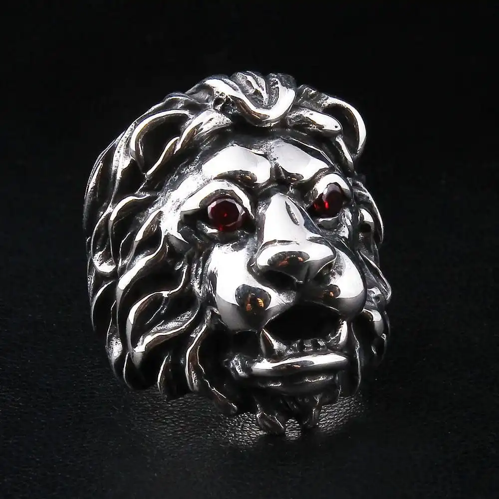 Bikerringshop Red Garnet Eyes Sterling Silver Lion Men's Ring 4 Bikerringshop Red Garnet Eyes Sterling Silver Lion Men's Ring - Image 2