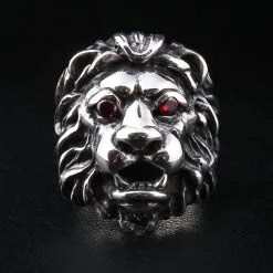 Bikerringshop Red Garnet Eyes Sterling Silver Lion Men's Ring