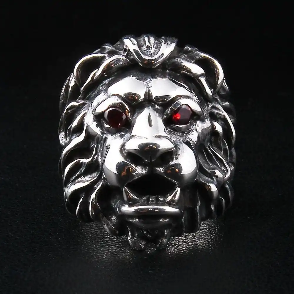 Bikerringshop Red Garnet Eyes Sterling Silver Lion Men's Ring 3 Bikerringshop Red Garnet Eyes Sterling Silver Lion Men's Ring
