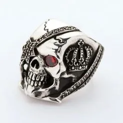 Bikerringshop Sterling Silver Red Garnet Eye Crown Pirate Skull Ring -Outlet Rings Store red eye pirate skull ring 2