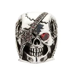 Bikerringshop Sterling Silver Red Garnet Eye Crown Pirate Skull Ring