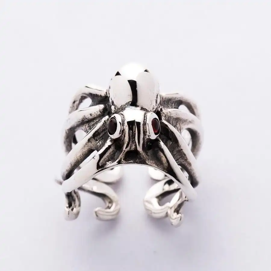 Bikerringshop Red Eyes Sterling Silver Octopus Ring 11 Bikerringshop Red Eyes Sterling Silver Octopus Ring - Image 9