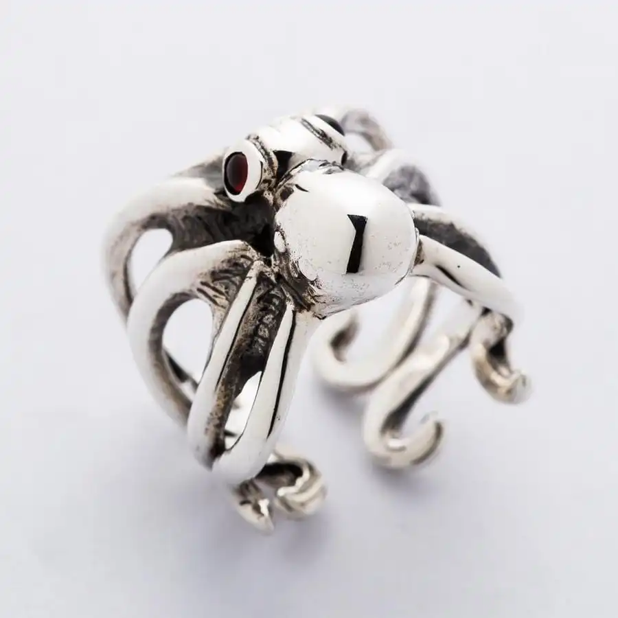 Bikerringshop Red Eyes Sterling Silver Octopus Ring 12 Bikerringshop Red Eyes Sterling Silver Octopus Ring - Image 10
