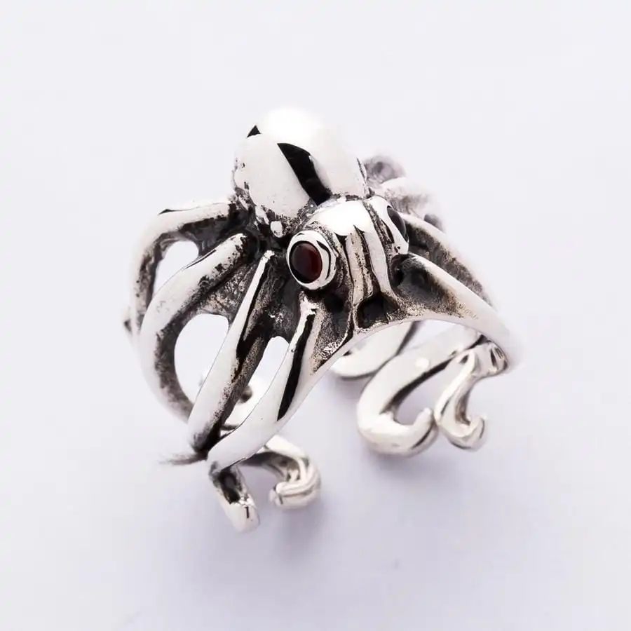 Bikerringshop Red Eyes Sterling Silver Octopus Ring 4 Bikerringshop Red Eyes Sterling Silver Octopus Ring - Image 2