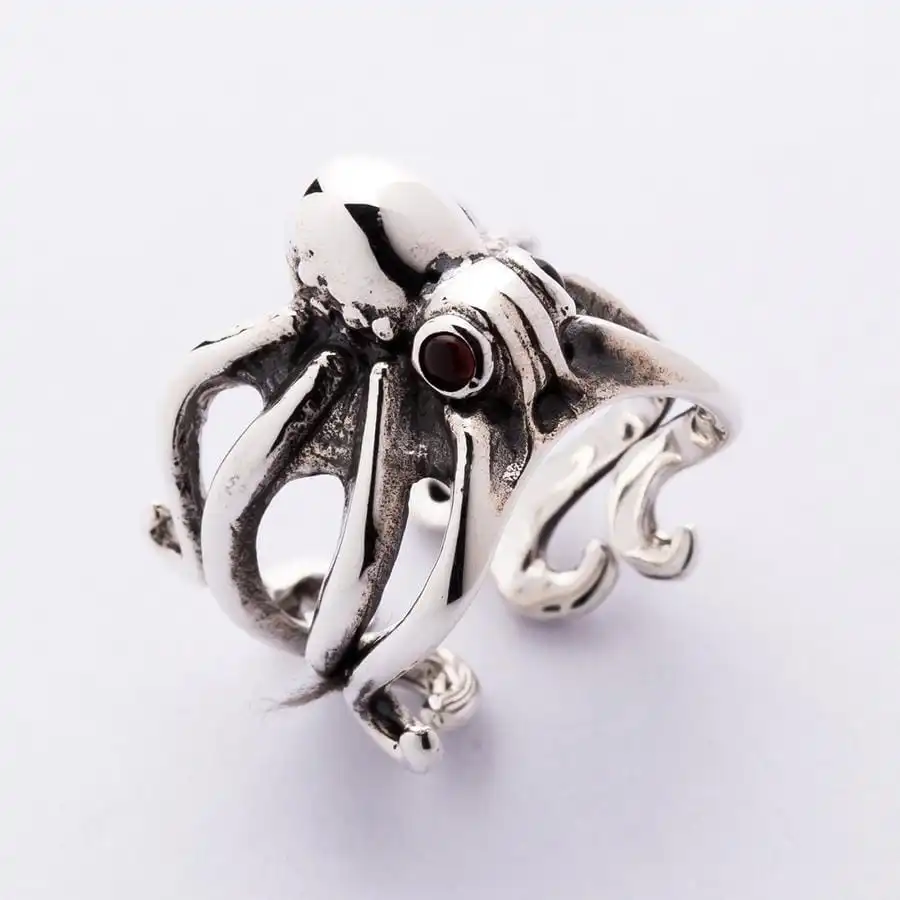 Bikerringshop Red Eyes Sterling Silver Octopus Ring 10 Bikerringshop Red Eyes Sterling Silver Octopus Ring - Image 8