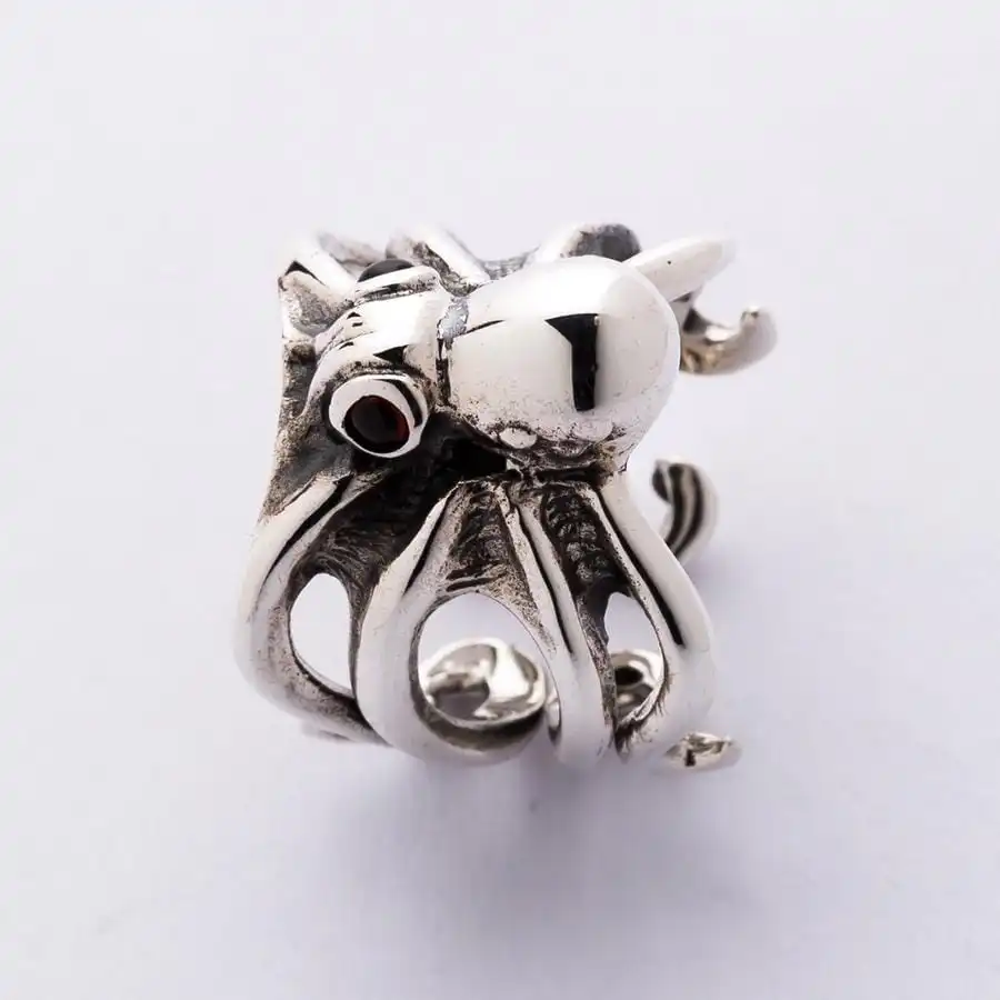 Bikerringshop Red Eyes Sterling Silver Octopus Ring 5 Bikerringshop Red Eyes Sterling Silver Octopus Ring - Image 3