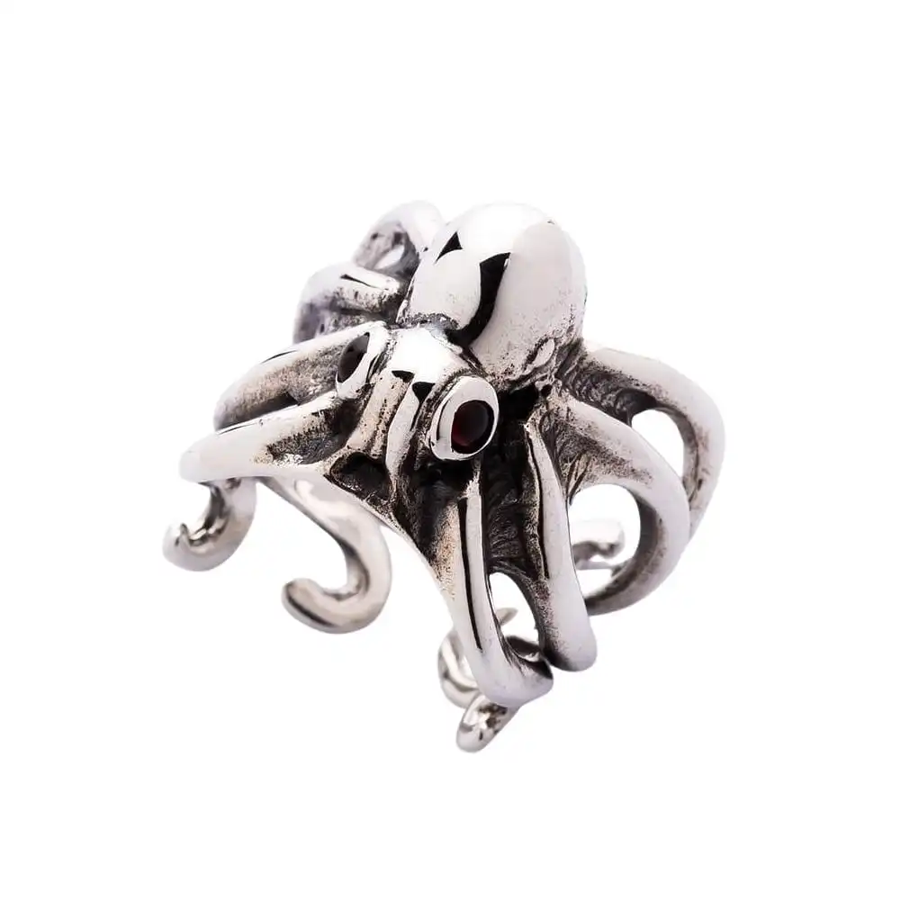 Bikerringshop Red Eyes Sterling Silver Octopus Ring 3 Bikerringshop Red Eyes Sterling Silver Octopus Ring