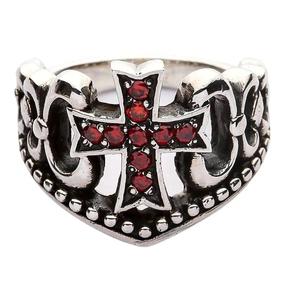 Bikerringshop Sterling Silver Red Garnet Cross Ring 3 Bikerringshop Sterling Silver Red Garnet Cross Ring