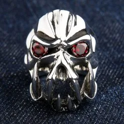 Bikerringshop Sterling Silver Red Eyes Skull Fang Devil Biker Ring