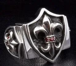 Bikerringshop Sterling Silver Gothic Garnet Fleur De Lis Ring