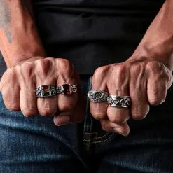 Bikerringshop Red Garnet Sterling Silver Iron Cross Ring