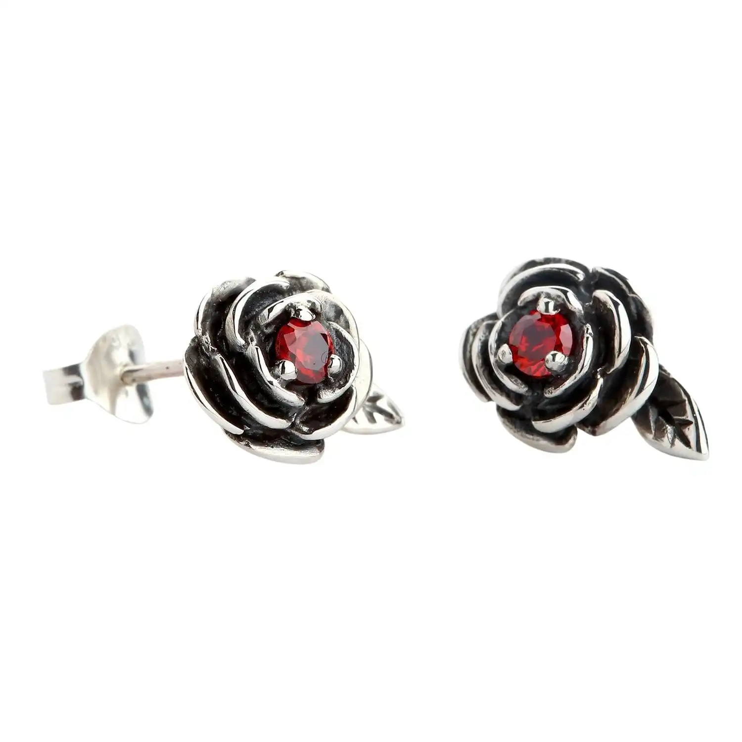 Bikerringshop Sterling Silver Red Rose Earrings 3 Bikerringshop Sterling Silver Red Rose Earrings