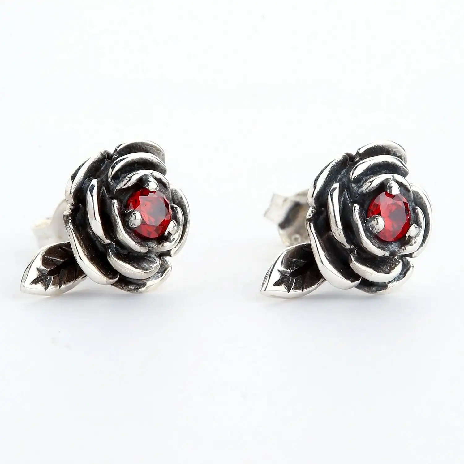 Bikerringshop Sterling Silver Red Rose Earrings 4 Bikerringshop Sterling Silver Red Rose Earrings - Image 2