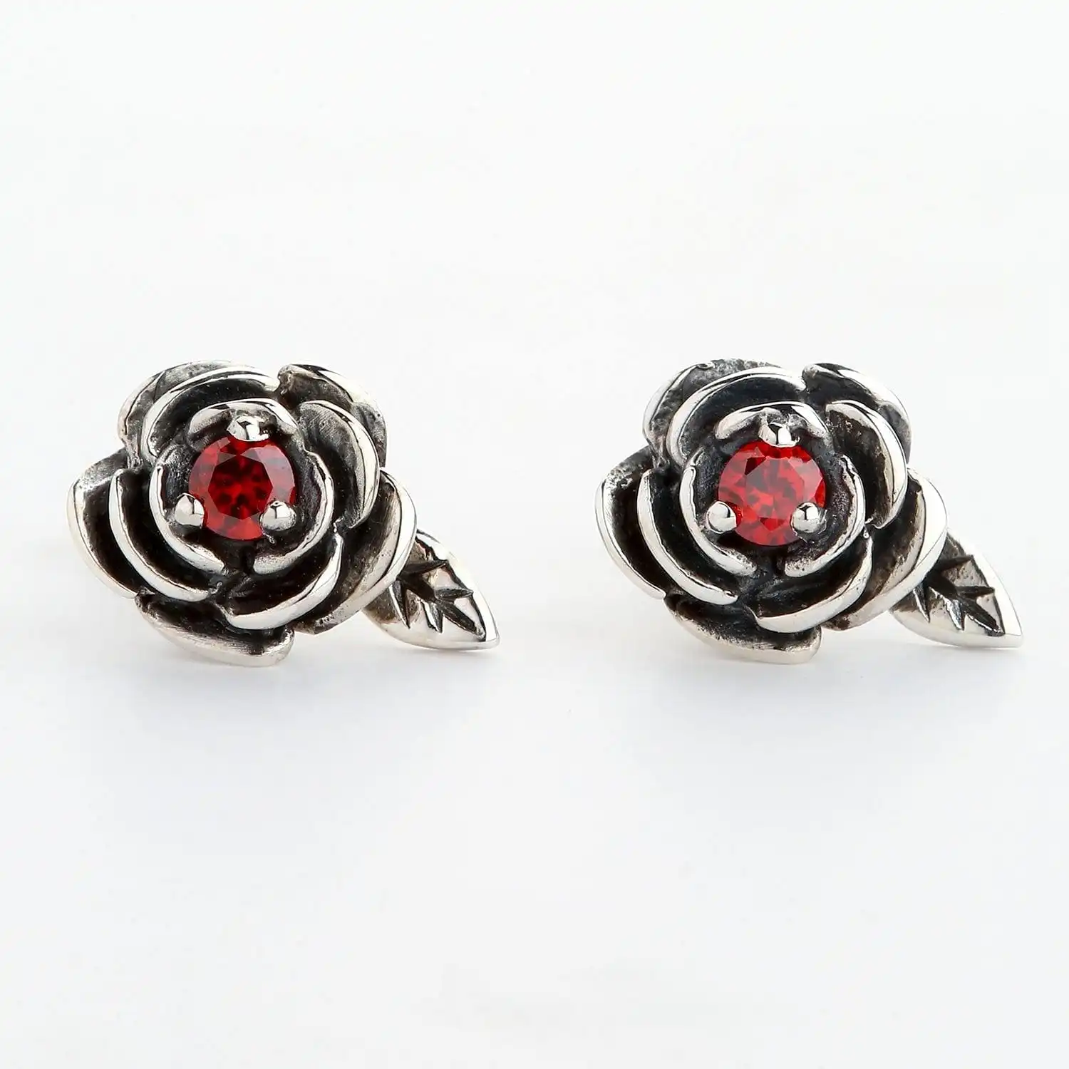 Bikerringshop Sterling Silver Red Rose Earrings 5 Bikerringshop Sterling Silver Red Rose Earrings - Image 3