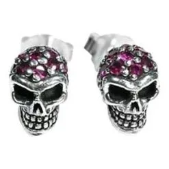 Bikerringshop 925 Sterling Silver Ruby Skull Earrings
