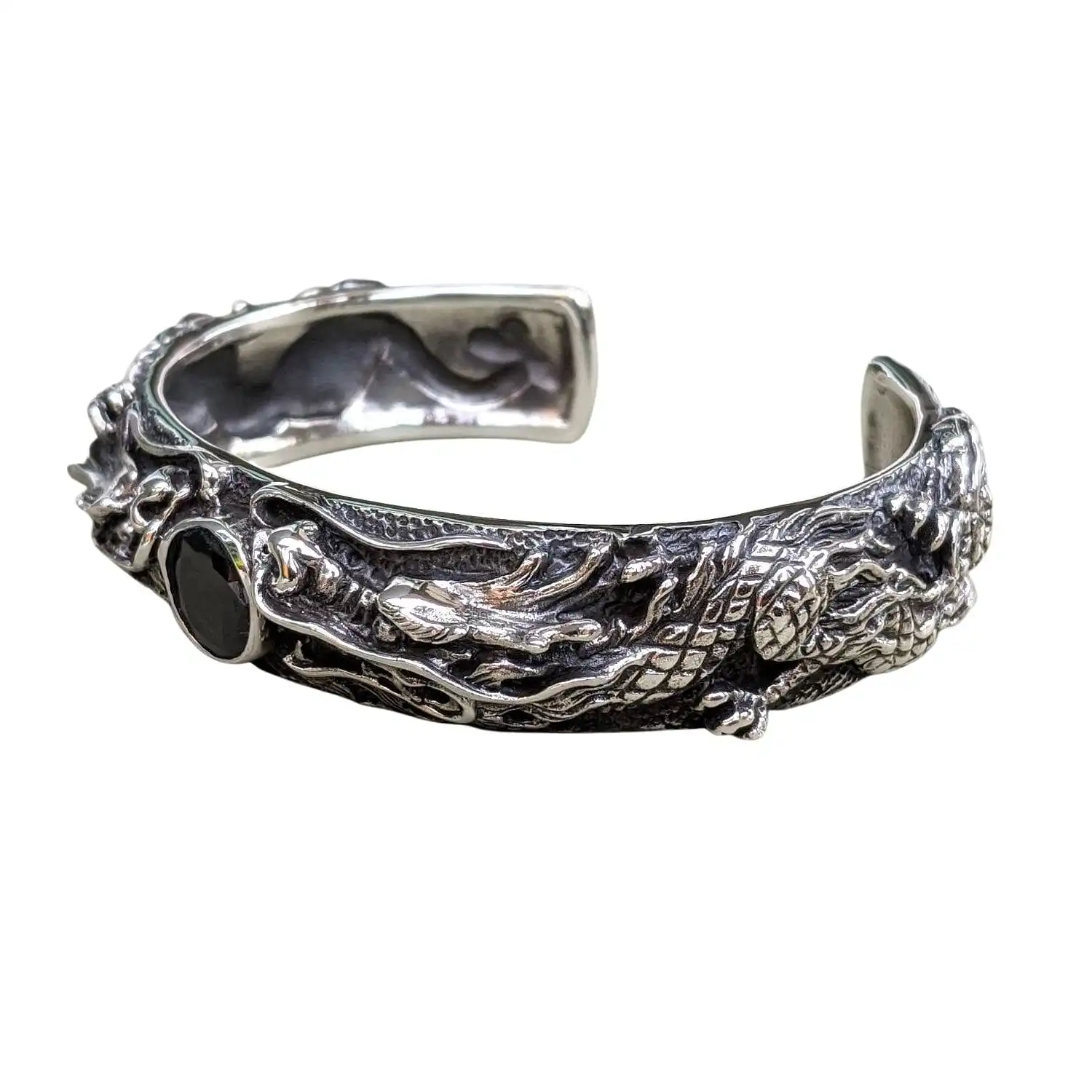 Bikerringshop Black Onxy Sterling Silver Dragon Men's Cuff Bracelet 5 Bikerringshop Black Onxy Sterling Silver Dragon Men's Cuff Bracelet - Image 3