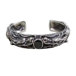 Bikerringshop Black Onxy Sterling Silver Dragon Men's Cuff Bracelet