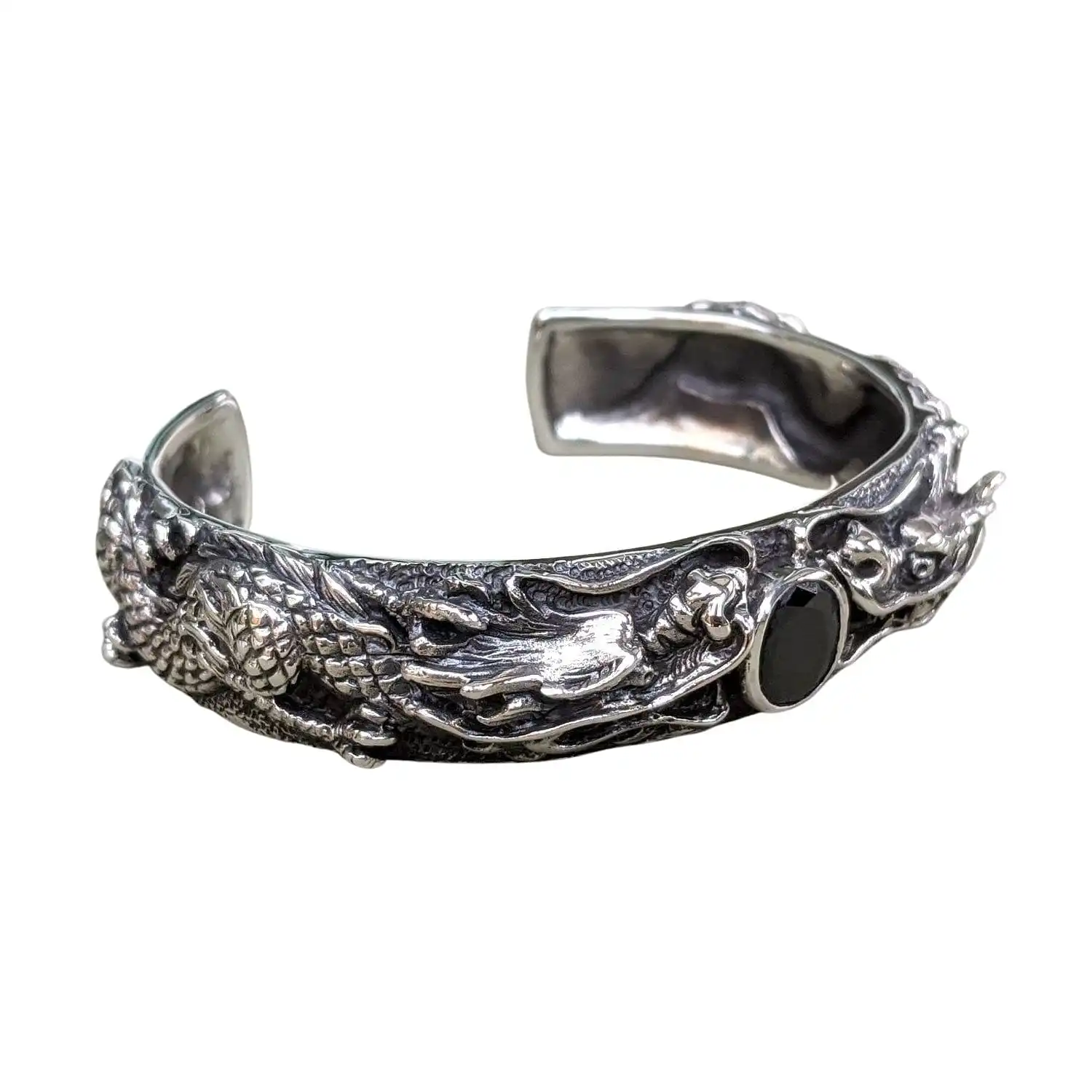 Bikerringshop Black Onxy Sterling Silver Dragon Men's Cuff Bracelet 4 Bikerringshop Black Onxy Sterling Silver Dragon Men's Cuff Bracelet - Image 2