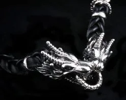 Bikerringshop Dragon Genuine Leather Mens Chain Bracelet 12 Bikerringshop Dragon Genuine Leather Mens Chain Bracelet -Outlet Rings Store silver dragon head leather bracelet