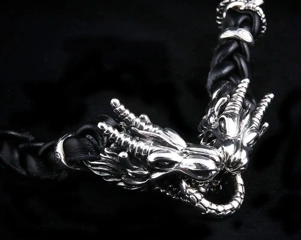 Bikerringshop Dragon Genuine Leather Mens Chain Bracelet 6 Bikerringshop Dragon Genuine Leather Mens Chain Bracelet - Image 4