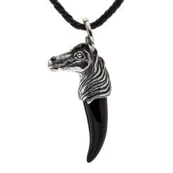 Bikerringshop Silver Horse Black Onyx Fang Pendant Necklace