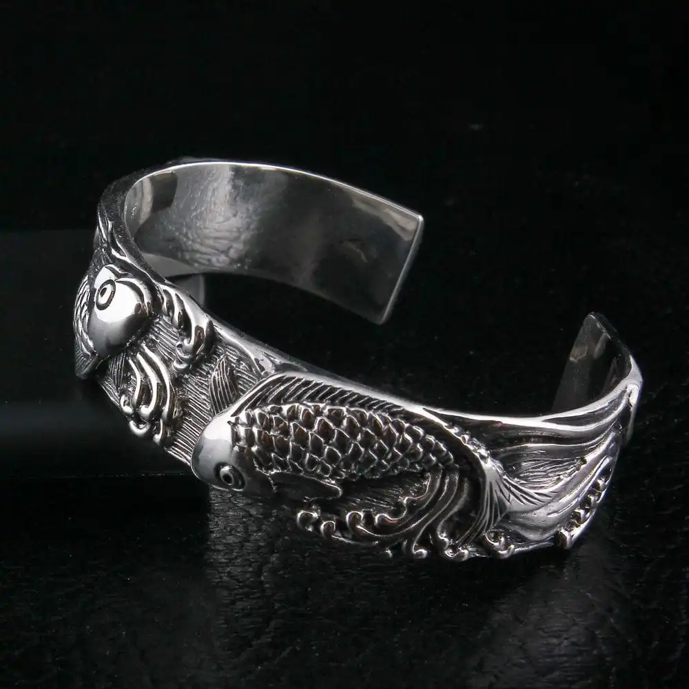 Bikerringshop Sterling Silver Koi Bangle Cuff Bracelet 5 Bikerringshop Sterling Silver Koi Bangle Cuff Bracelet - Image 3
