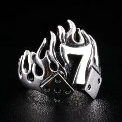 Bikerringshop Sterling Silver Number 7 Dice Flame Biker Ring
