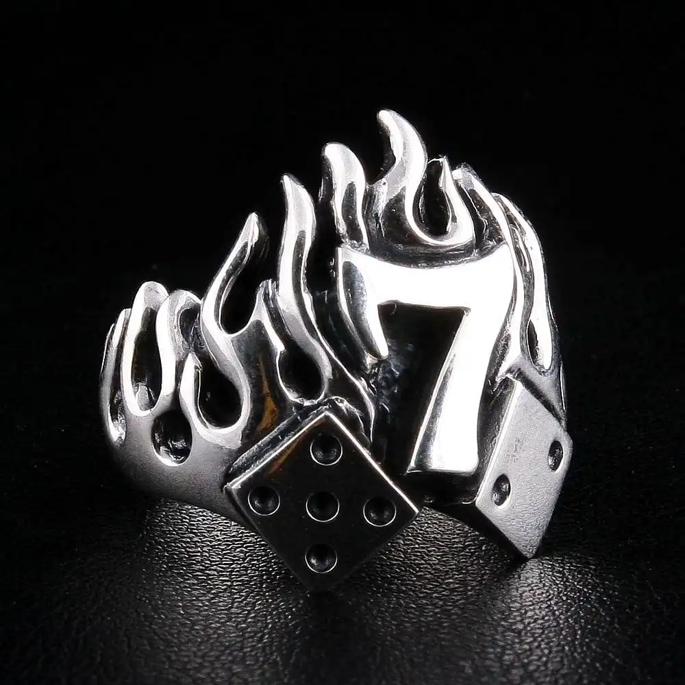 Bikerringshop Sterling Silver Number 7 Dice Flame Biker Ring 3 Bikerringshop Sterling Silver Number 7 Dice Flame Biker Ring