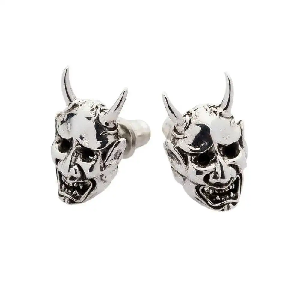 Bikerringshop Silver Oni Devil Skull Earrings 2 Bikerringshop Silver Oni Devil Skull Earrings