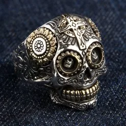 Bikerringshop Sterling Silver Gold Brass Sugar Skull Ring -Outlet Rings Store silver sugar skull ring 3