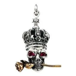 Bikerringshop Sterling Silver Crown Skull And Rose Pendant