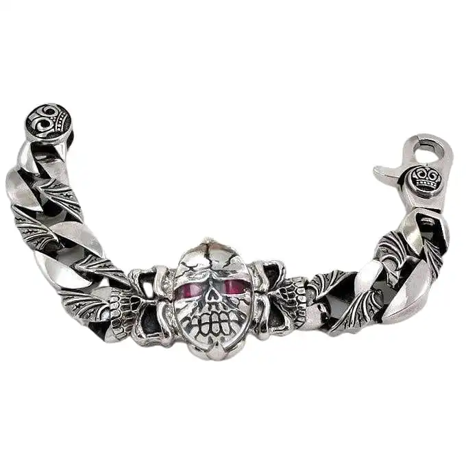 Bikerringshop Heavy Sterling Silver Skull Bracelet 4 Bikerringshop Heavy Sterling Silver Skull Bracelet - Image 2
