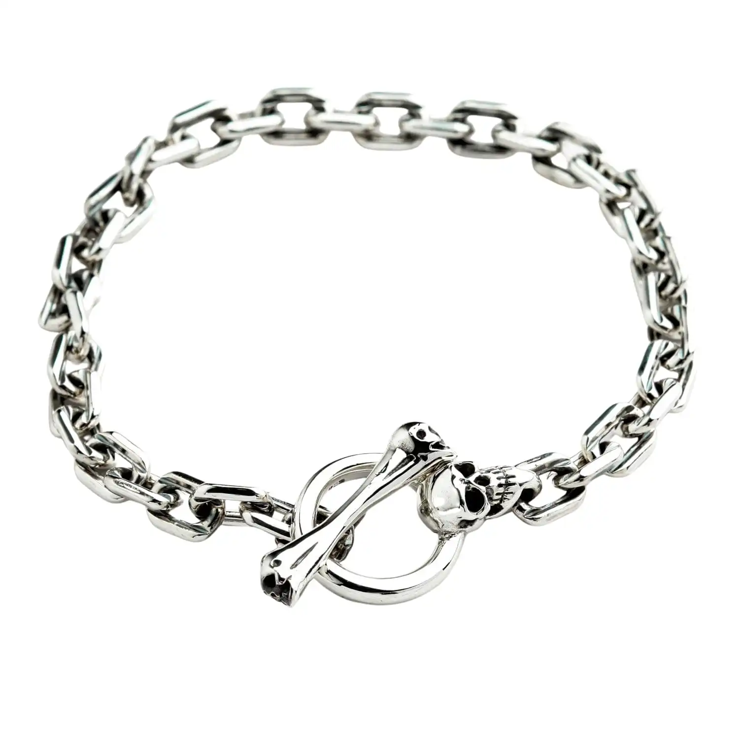Bikerringshop Skull T-Bar Sterling Silver Curb Link Bracelet 3 Bikerringshop Skull T-Bar Sterling Silver Curb Link Bracelet