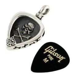 Bikerringshop Sterling Silver Skull Guitar Pick Holder Pendant Necklace