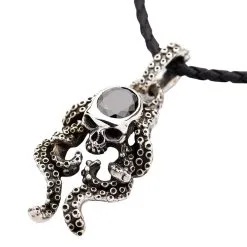 Bikerringshop Sterling Silver Black Onyx Gothic Skull Octopus Pendant 21 Bikerringshop Sterling Silver Black Onyx Gothic Skull Octopus Pendant -Outlet Rings Store skull octopus leather chain 3