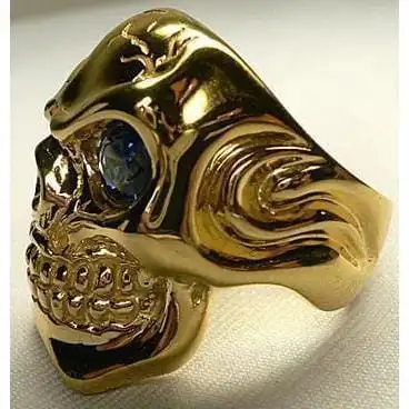 Bikerringshop Blue Sapphire 14K Yellow Gold Mens Skull Ring 5 Bikerringshop Blue Sapphire 14K Yellow Gold Mens Skull Ring - Image 3
